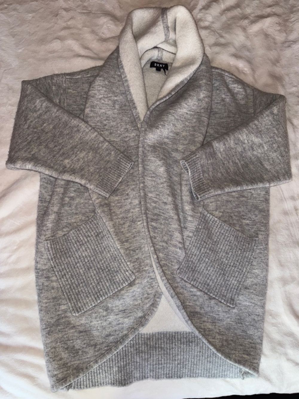 DKNY Men’s Shawl Collar Open Cardigan in Heather Gray